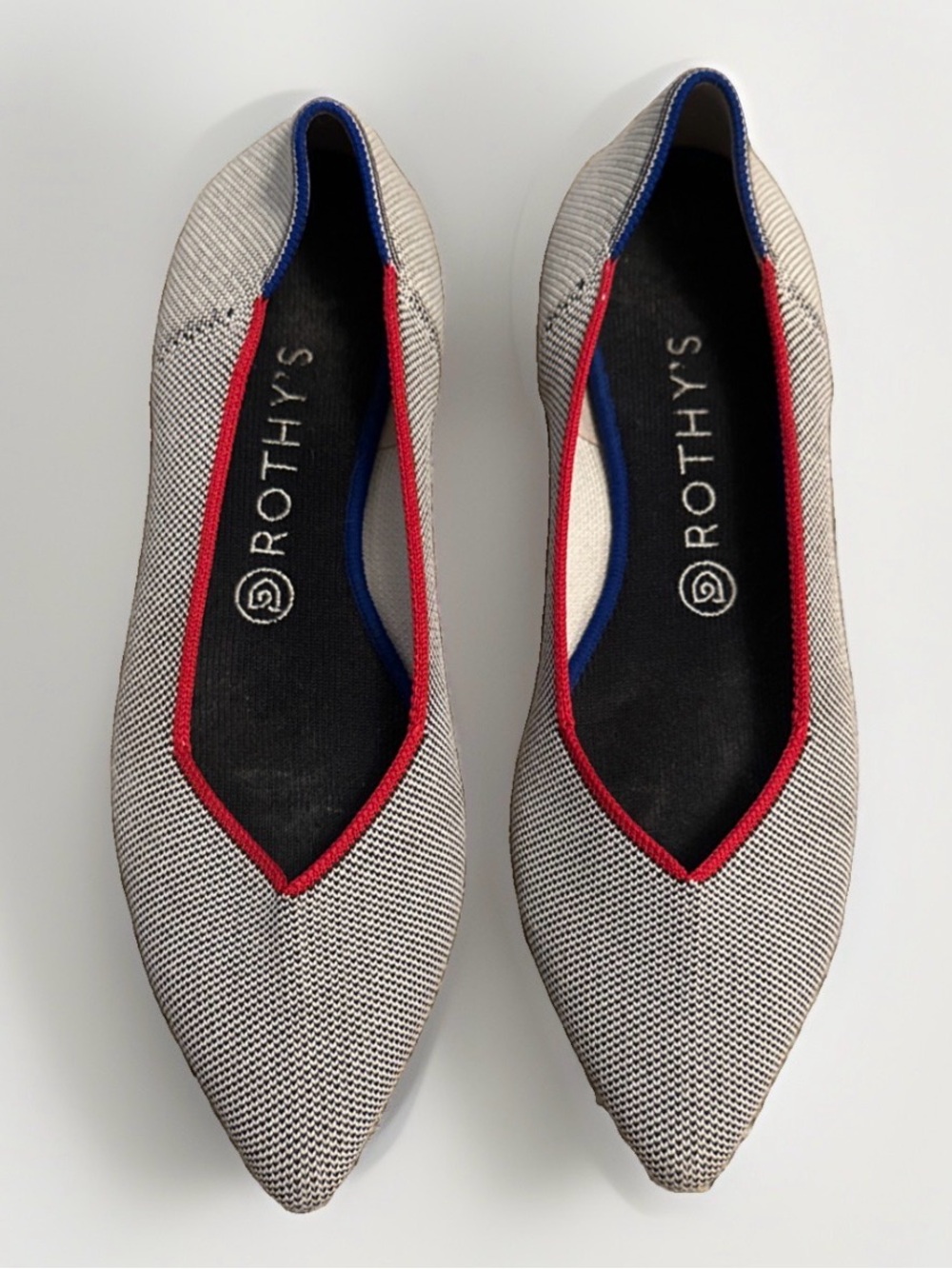 Rothy’s The Point Rare Retired Gray Birdseye Red Blue Piping Ballet Flat W10 VGC